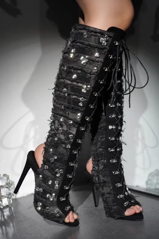 Renaissancee Peep Toe Knee-High Lace-Up Heels - Black sold by Cape Robbin