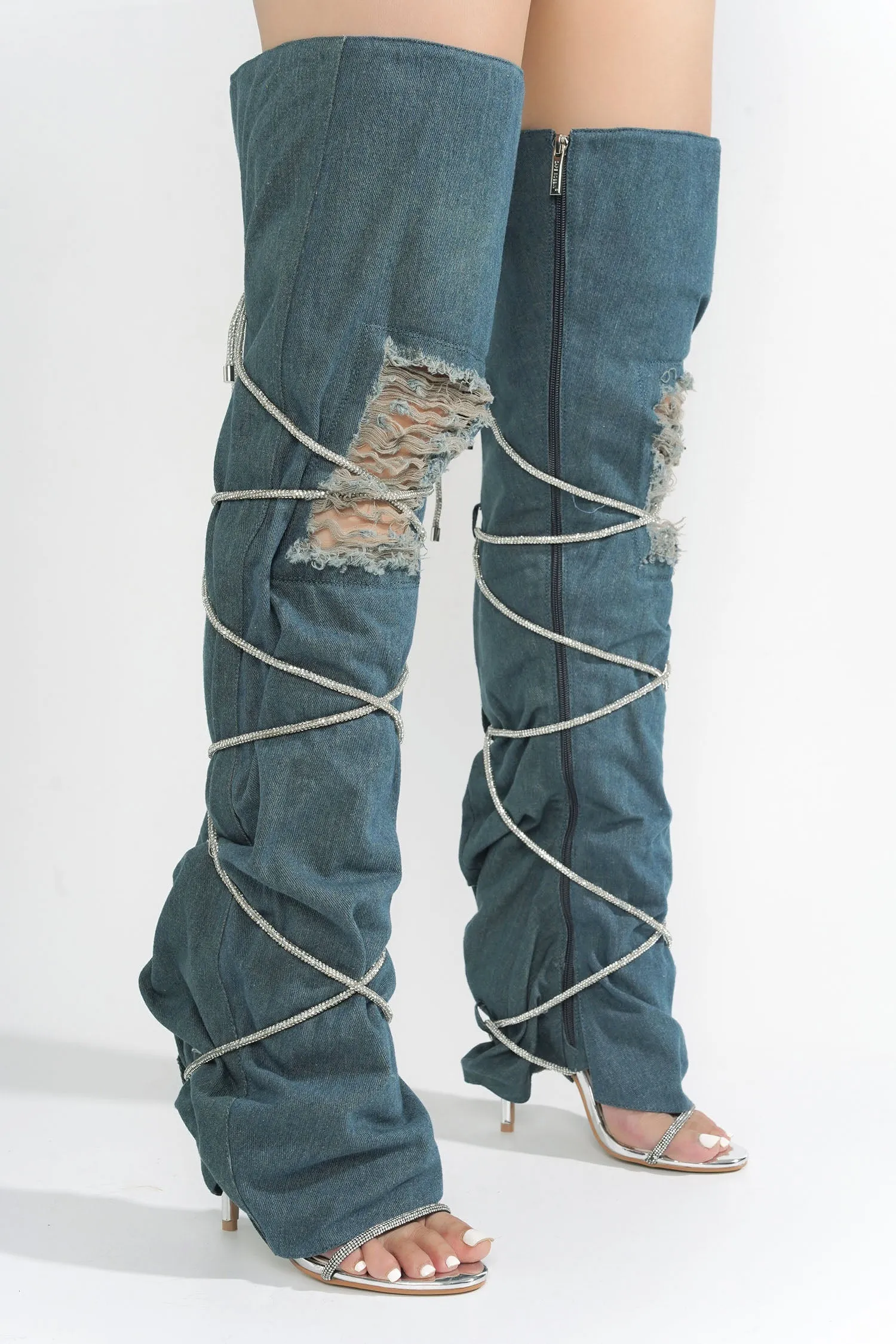 Nobu Rhinestone Thigh-High Denim Booties - Blue sold by Cape Robbin product image thumbnail 5