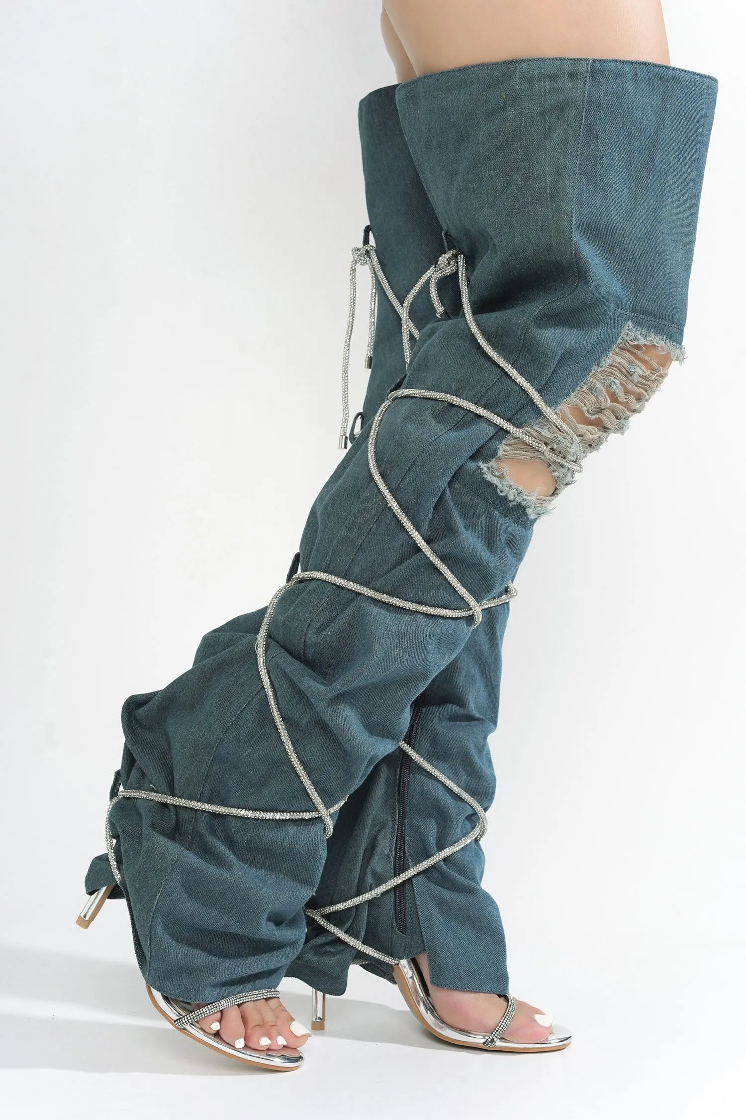 Nobu Rhinestone Thigh-High Denim Booties - Blue sold by Cape Robbin product image thumbnail 4