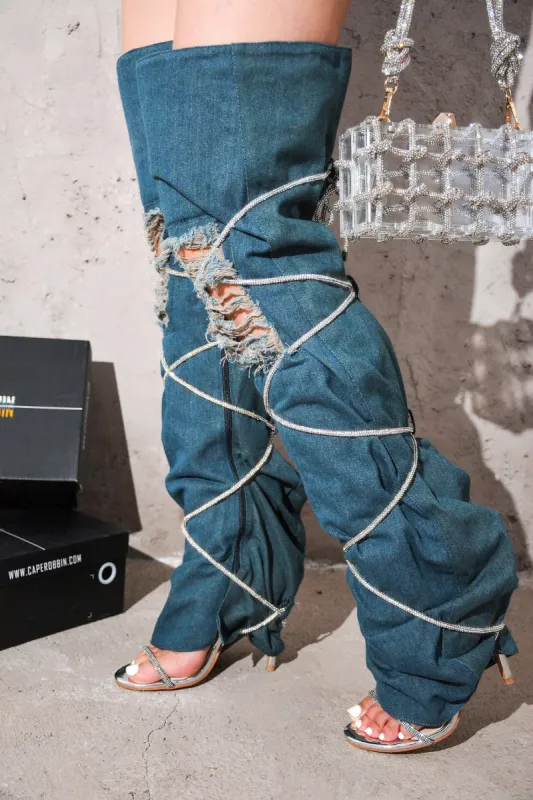 Nobu Rhinestone Thigh-High Denim Booties - Blue sold by Cape Robbin