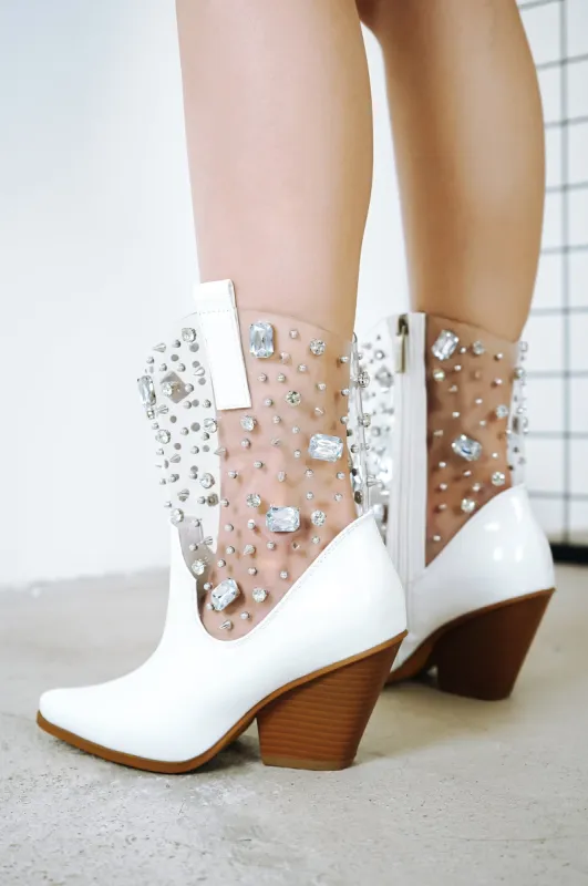 Chriena Rhinestone & Gem Western Croc Boots - White sold by Cape Robbin