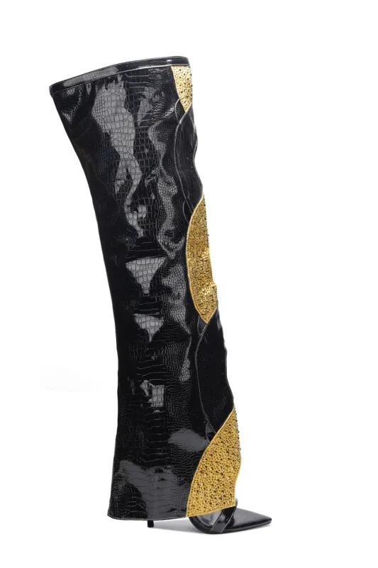 Totoga Embellished Flame Cutout Thigh-High Boots - Black sold by Cape Robbin