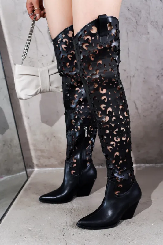 Stivale Thigh High Cowboy Block Heel Boots - Black sold by Cape Robbin