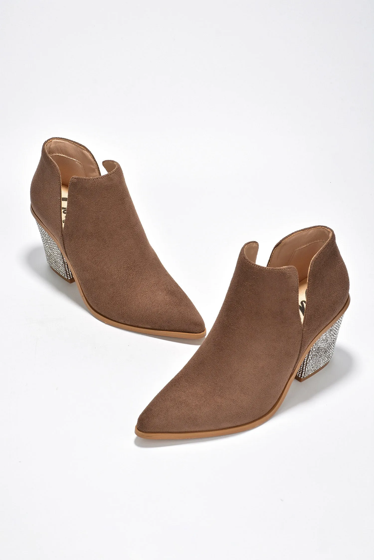 Prague Rhinestone Heel Suede Ankle Booties - Taupe sold by Cape Robbin product image thumbnail 5