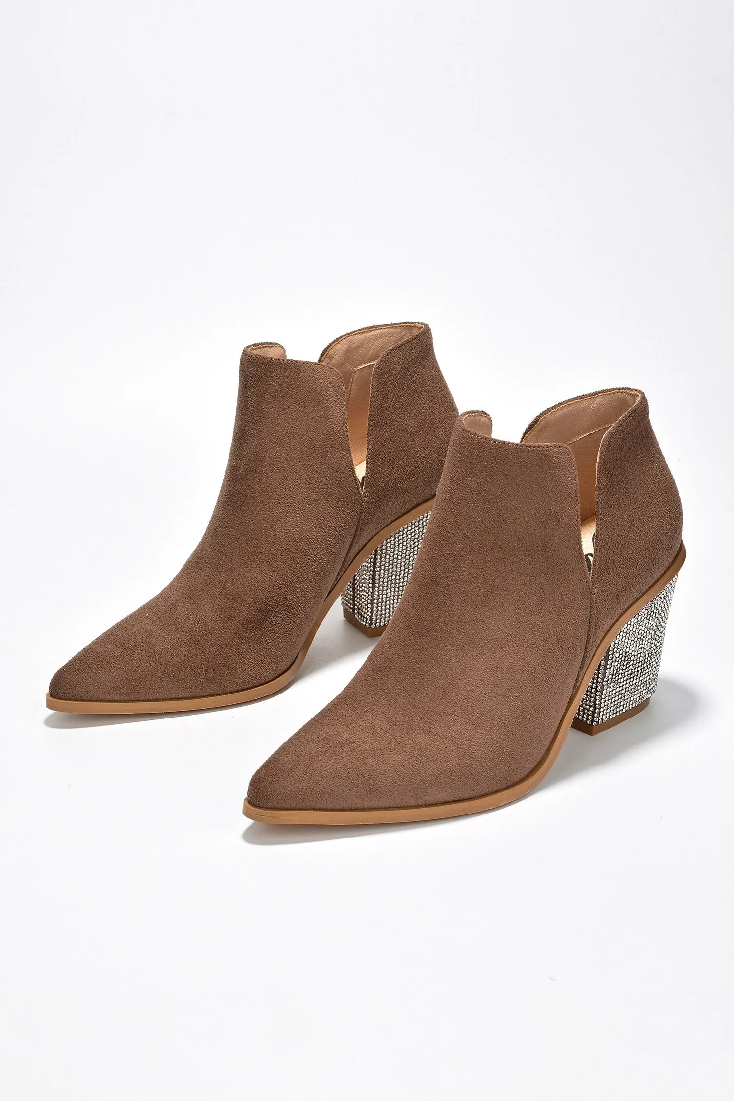 Prague Rhinestone Heel Suede Ankle Booties - Taupe sold by Cape Robbin product image thumbnail 4