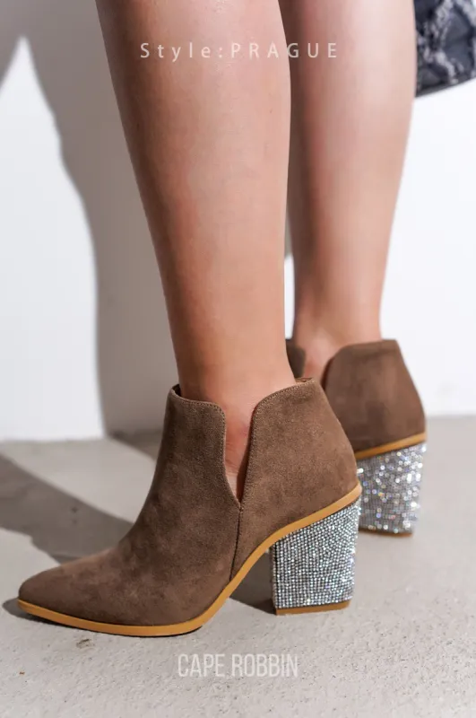 Prague Rhinestone Heel Suede Ankle Booties - Taupe sold by Cape Robbin