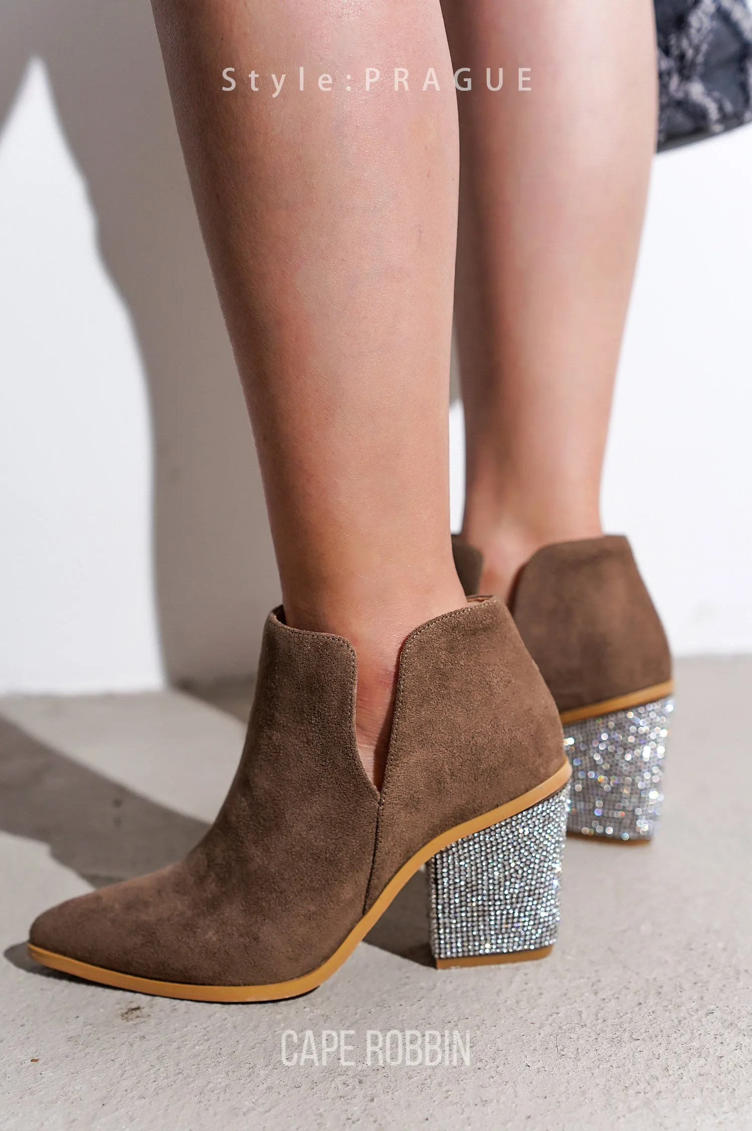 Prague Rhinestone Heel Suede Ankle Booties - Taupe sold by Cape Robbin