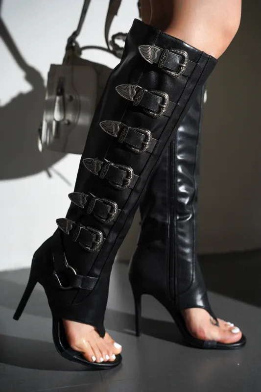Elarahh Belt Buckle Open Round Toe Heel Boots - Black sold by Cape Robbin
