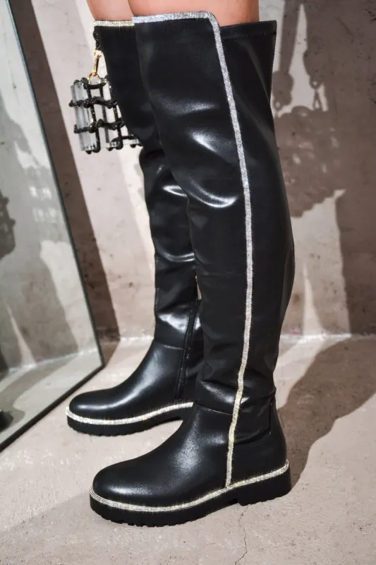 Kuri Rhinestone-Lined Thigh High Boots - Black sold by Cape Robbin