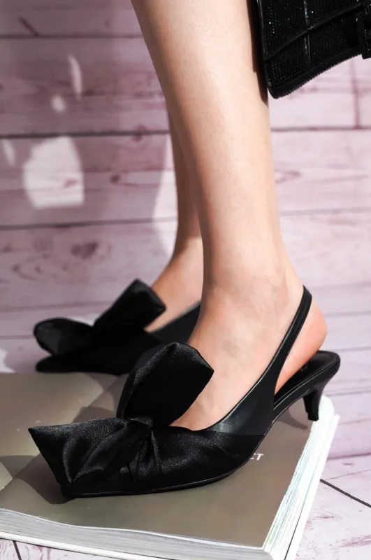 Lisandra Oversized Bow Slingback Kitten Heel Pumps - Black sold by Cape Robbin