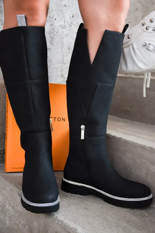 Aldea Rhinestone Pull Tabs Knee High Boots - Black sold by Cape Robbin