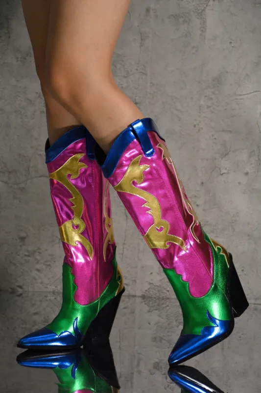 Juliana Metallic Color Block Western Cowboy Boots - Pink sold by Cape Robbin