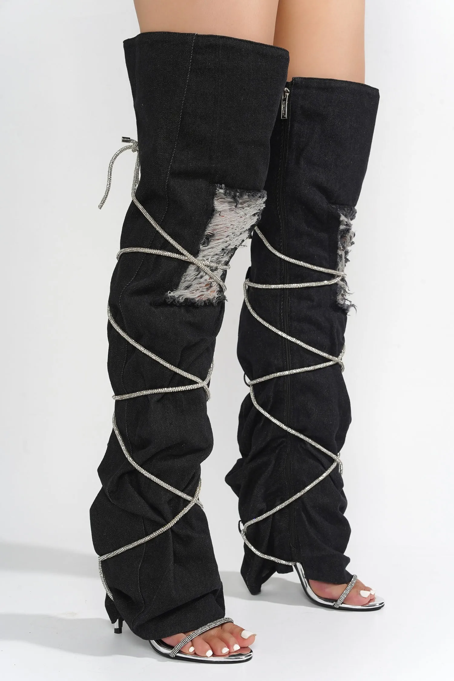 Nobu Rhinestone Thigh-High Denim Booties - Black sold by Cape Robbin product image thumbnail 5