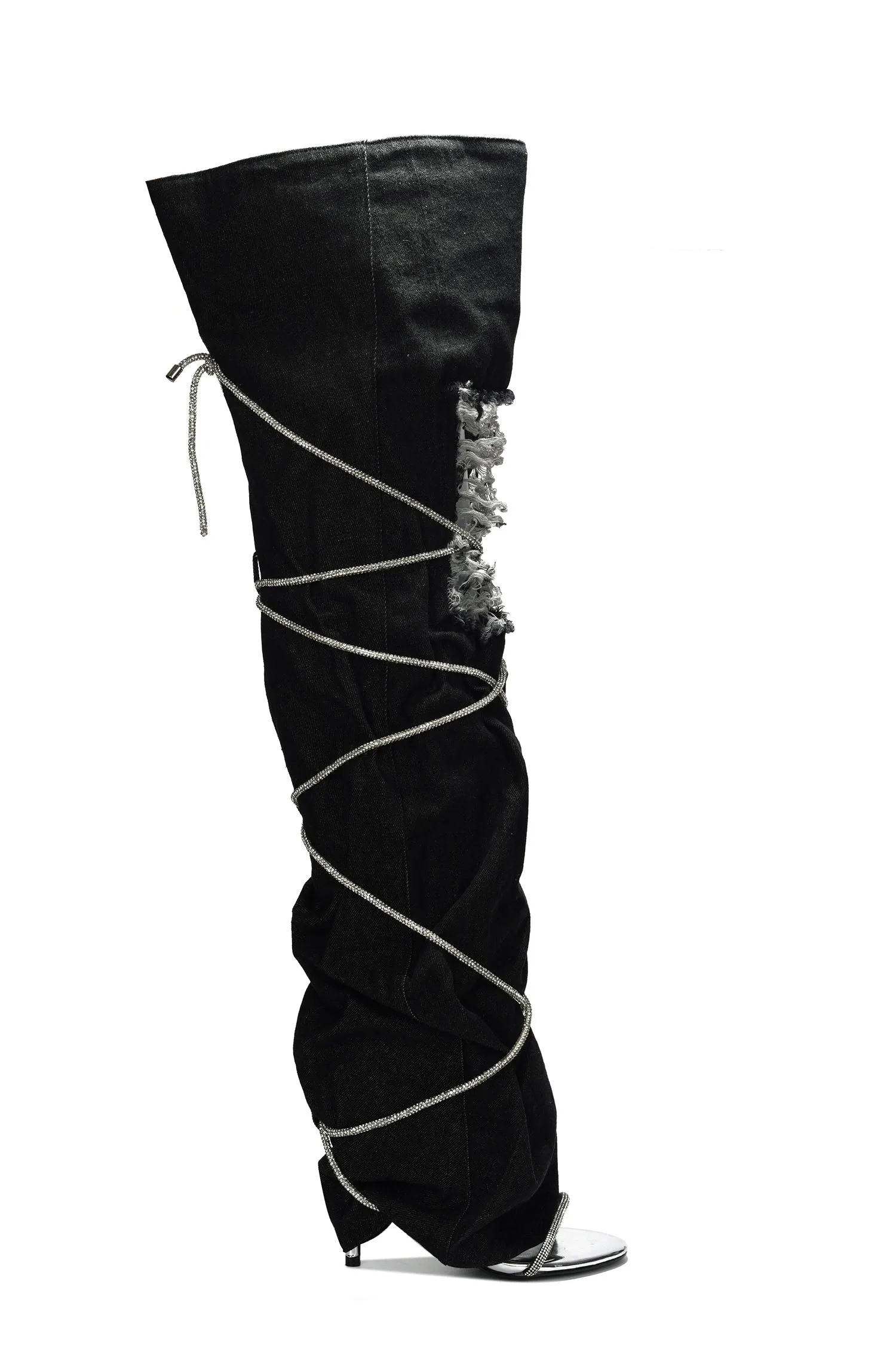 Nobu Rhinestone Thigh-High Denim Booties - Black sold by Cape Robbin product image thumbnail 2