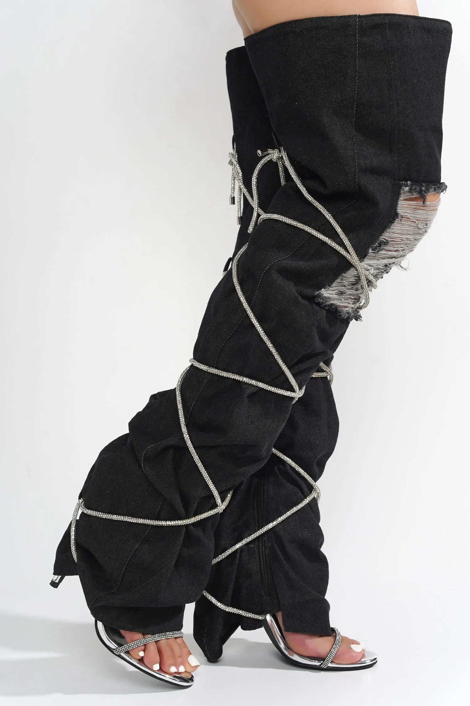 Nobu Rhinestone Thigh-High Denim Booties - Black sold by Cape Robbin product image thumbnail 4