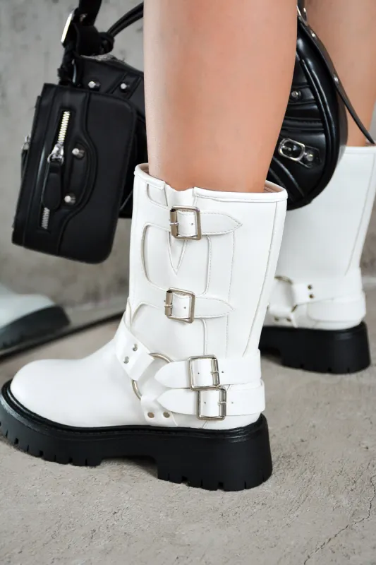 Cordova Buckle Block Heel Ankle Booties - White sold by Cape Robbin