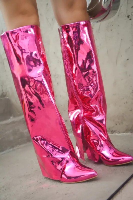 Resara Pointy Toe Metallic Knee-High Boots - Pink sold by Cape Robbin