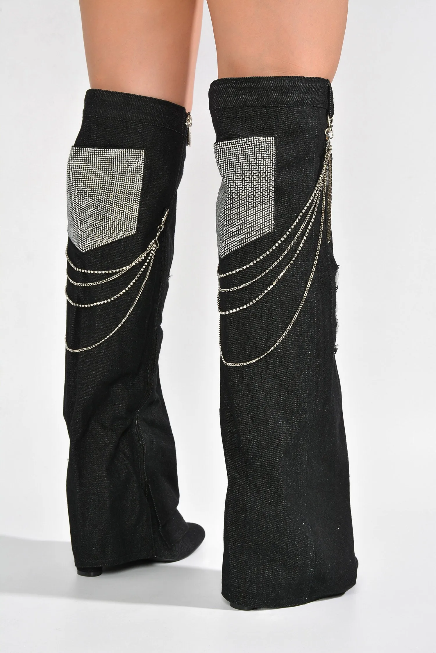 Nima Rhinestone Fringe Denim Knee High Boots - Black sold by Cape Robbin product image thumbnail 5
