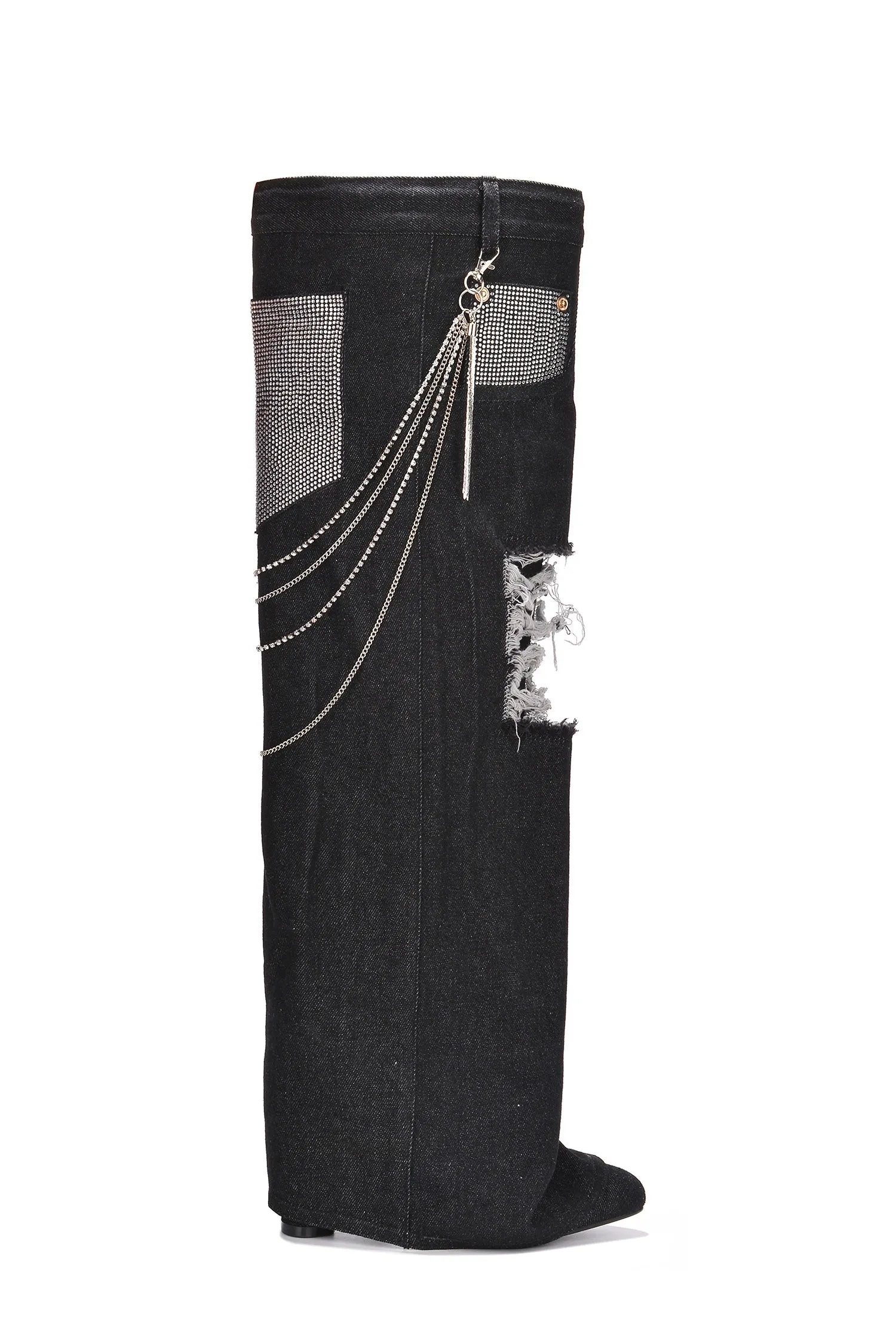 Nima Rhinestone Fringe Denim Knee High Boots - Black sold by Cape Robbin product image thumbnail 2