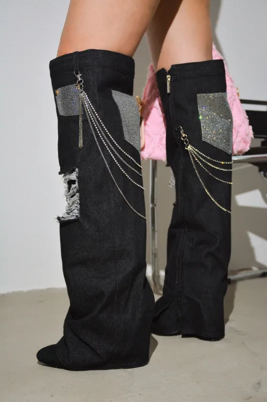 Nima Rhinestone Fringe Denim Knee High Boots - Black sold by Cape Robbin