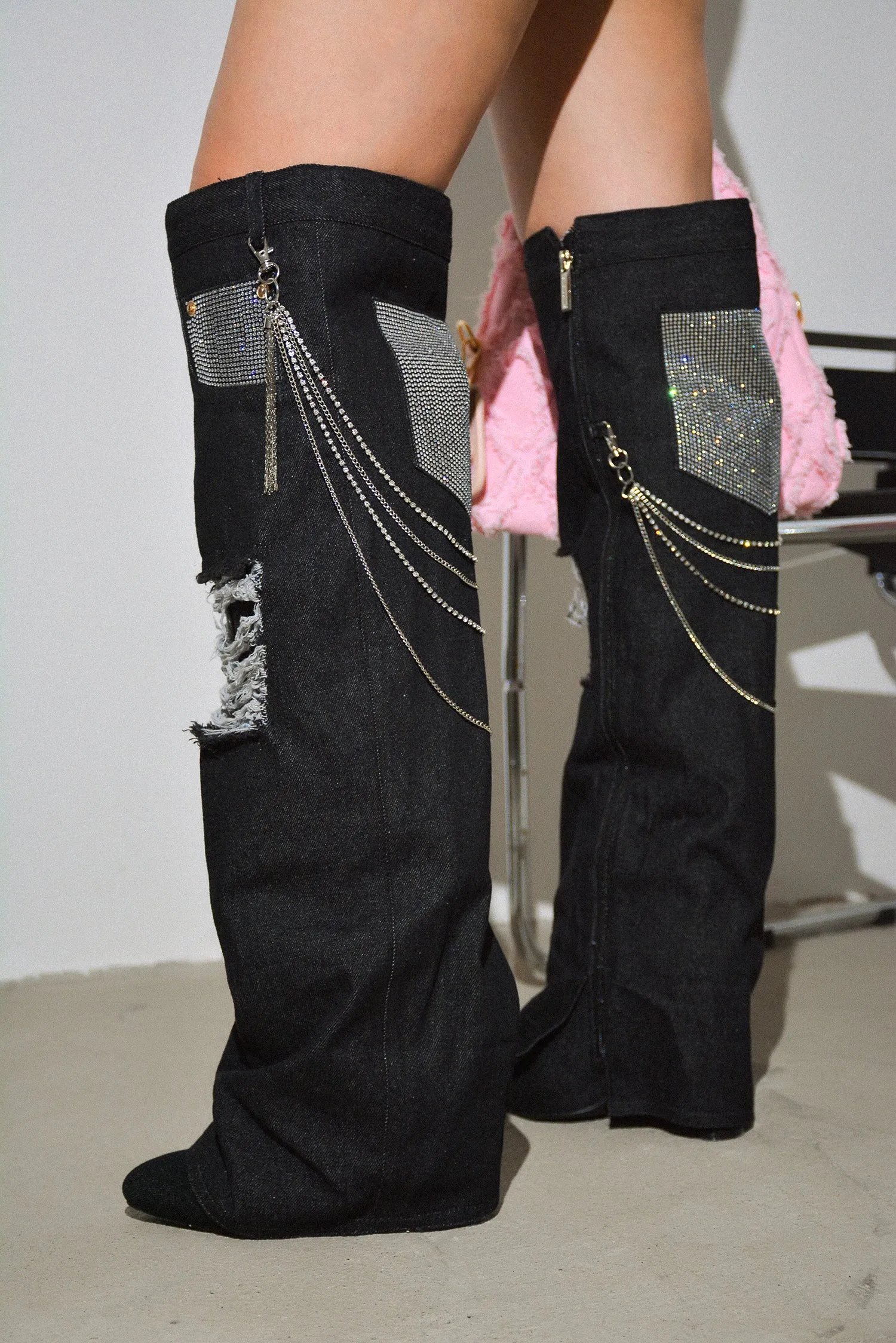 Nima Rhinestone Fringe Denim Knee High Boots - Black sold by Cape Robbin