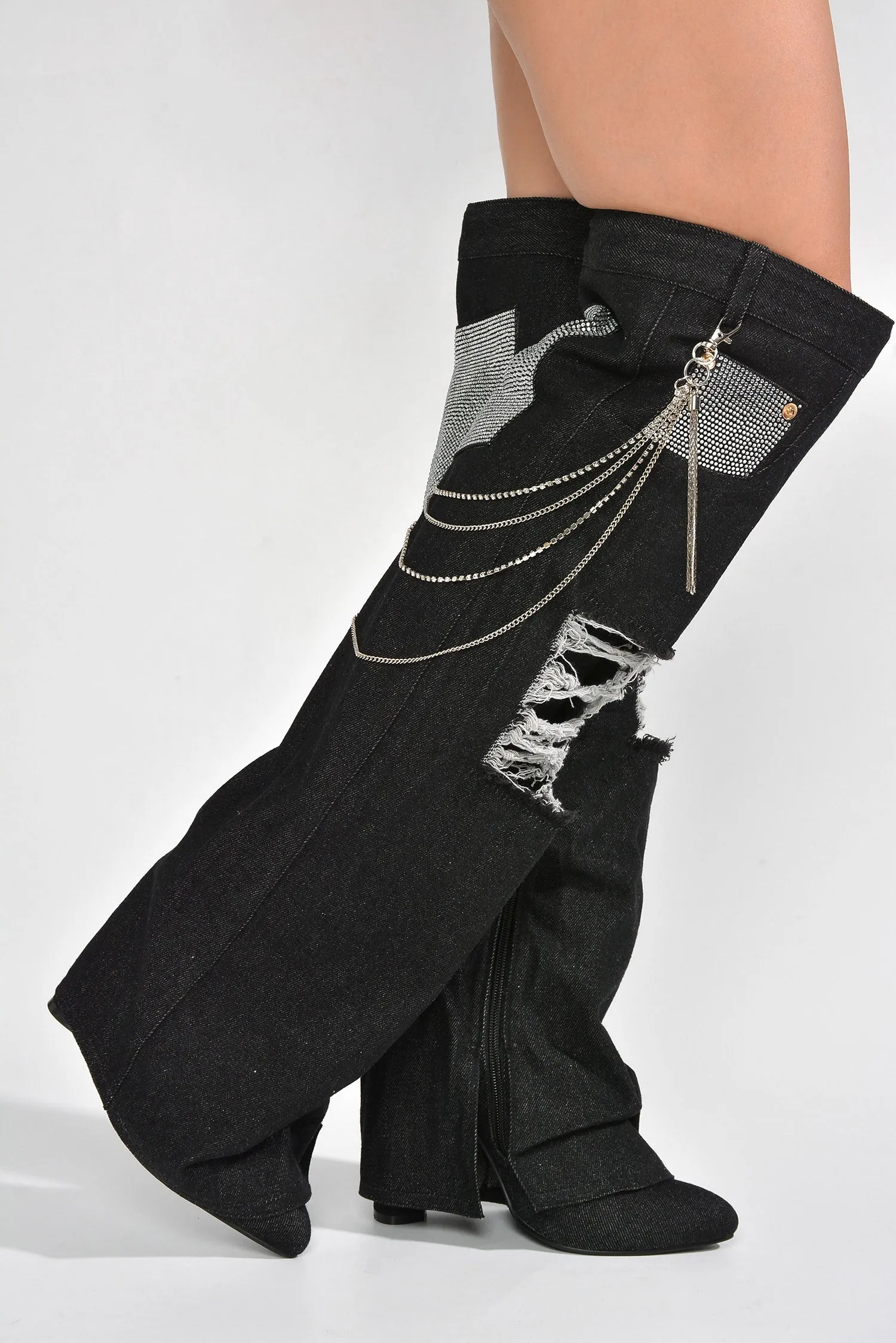 Nima Rhinestone Fringe Denim Knee High Boots - Black sold by Cape Robbin product image thumbnail 3