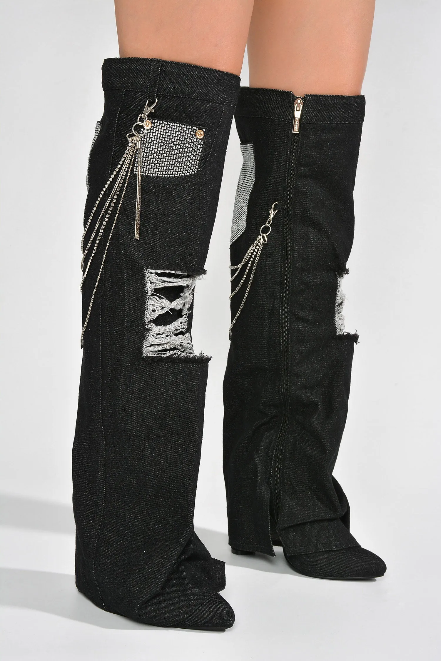 Nima Rhinestone Fringe Denim Knee High Boots - Black sold by Cape Robbin product image thumbnail 4