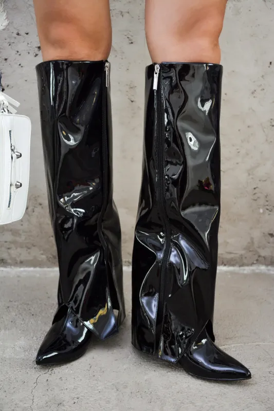 Resara Pointy Toe Metallic Knee-High Boots - Black sold by Cape Robbin