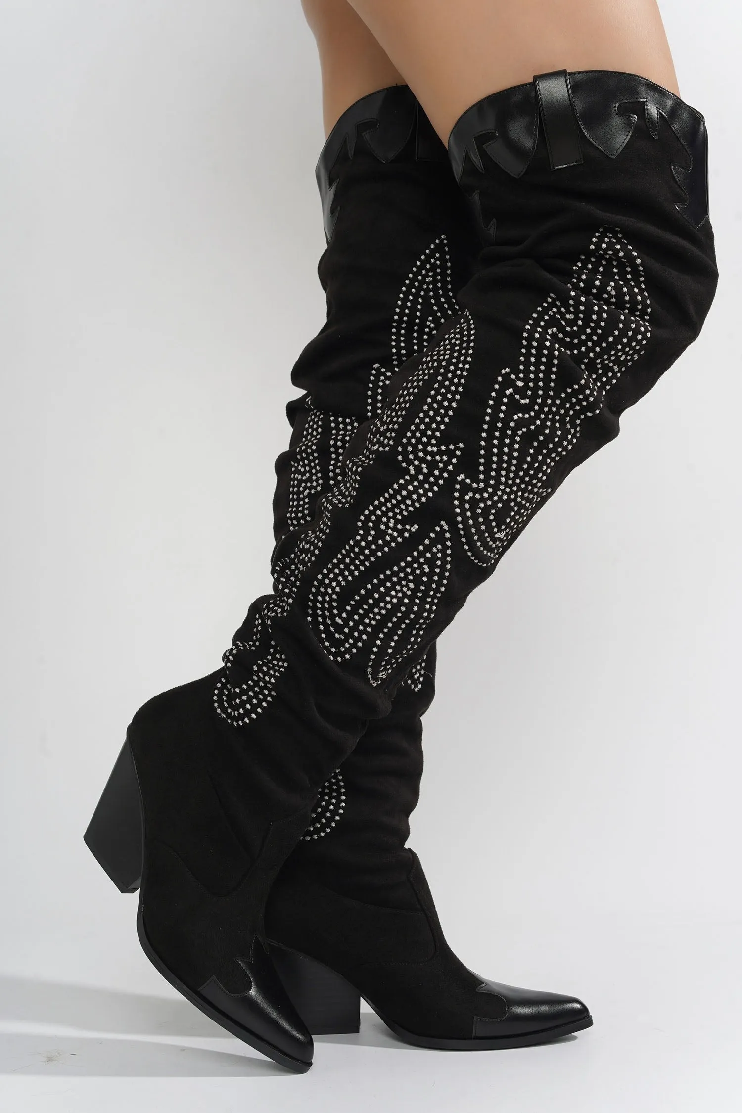 Icona Embroidery Thigh-High Cowboy Boots - Black sold by Cape Robbin product image thumbnail 4