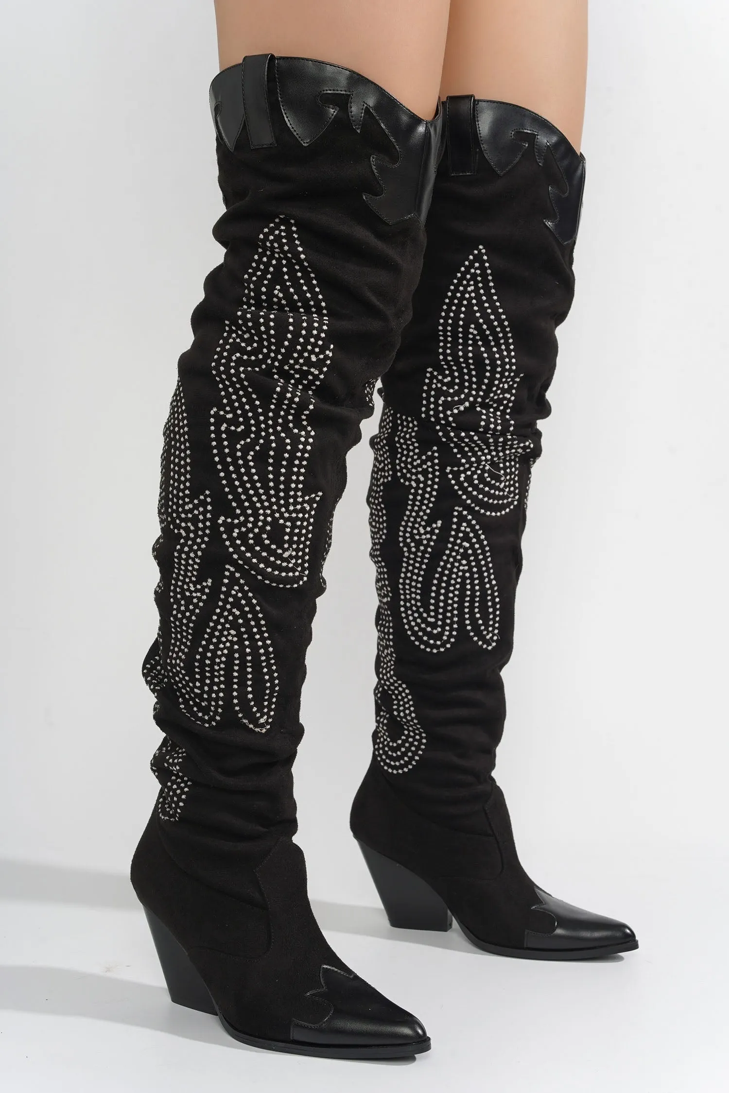 Icona Embroidery Thigh-High Cowboy Boots - Black sold by Cape Robbin product image thumbnail 5
