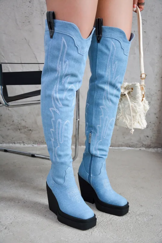 Vientiane Western Platform Knee-High Boot - Denim sold by Cape Robbin