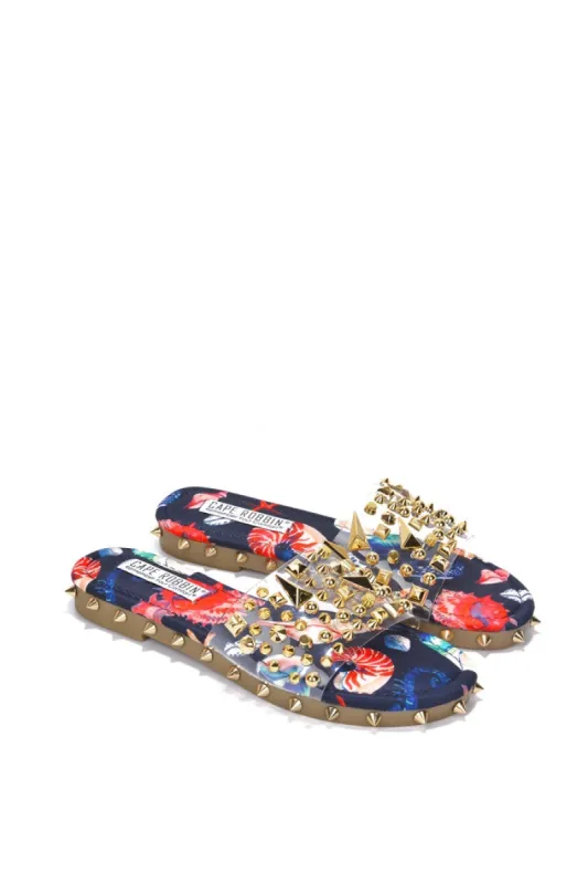 Tonie Spike and Stud Adorned Flat Sandals - Print sold by Cape Robbin
