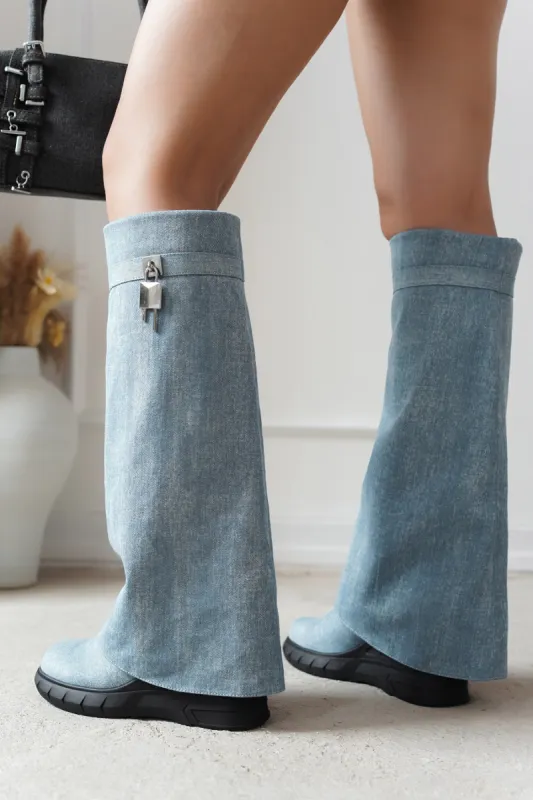 Darin Round Toe Knee-High Platform Boots - Denim sold by Cape Robbin