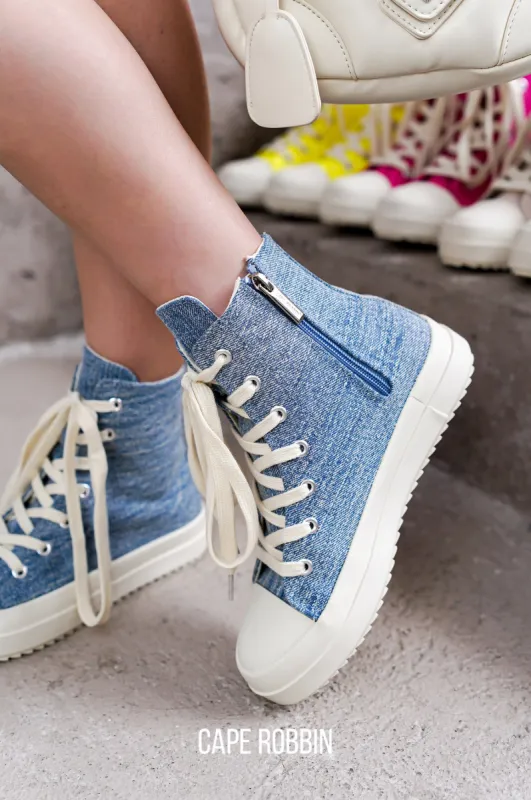 Mania Lace Up High Top Lug Sole Sneakers - Denim sold by Cape Robbin