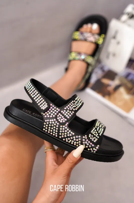 Bodam Velcro Rhinestone Crusted Flat Sandals - Black sold by Cape Robbin