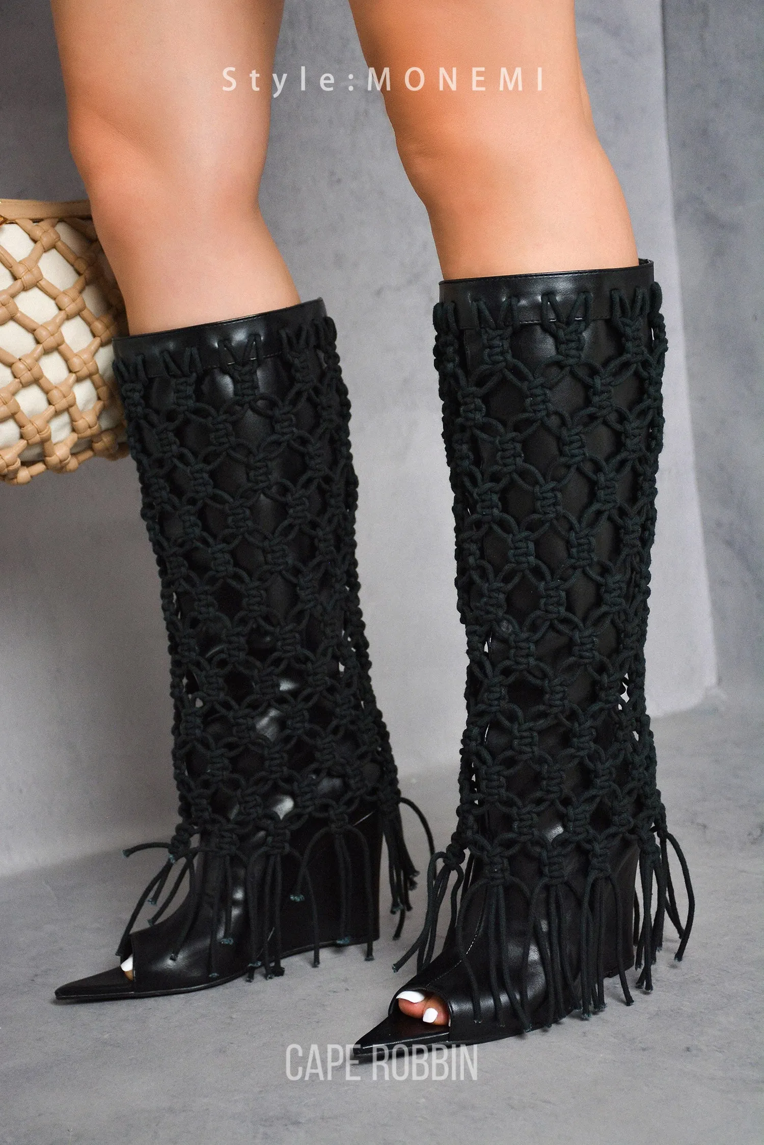 Monemi Fringe Open Toe Mid Calf-Length Boots - Black sold by Cape Robbin