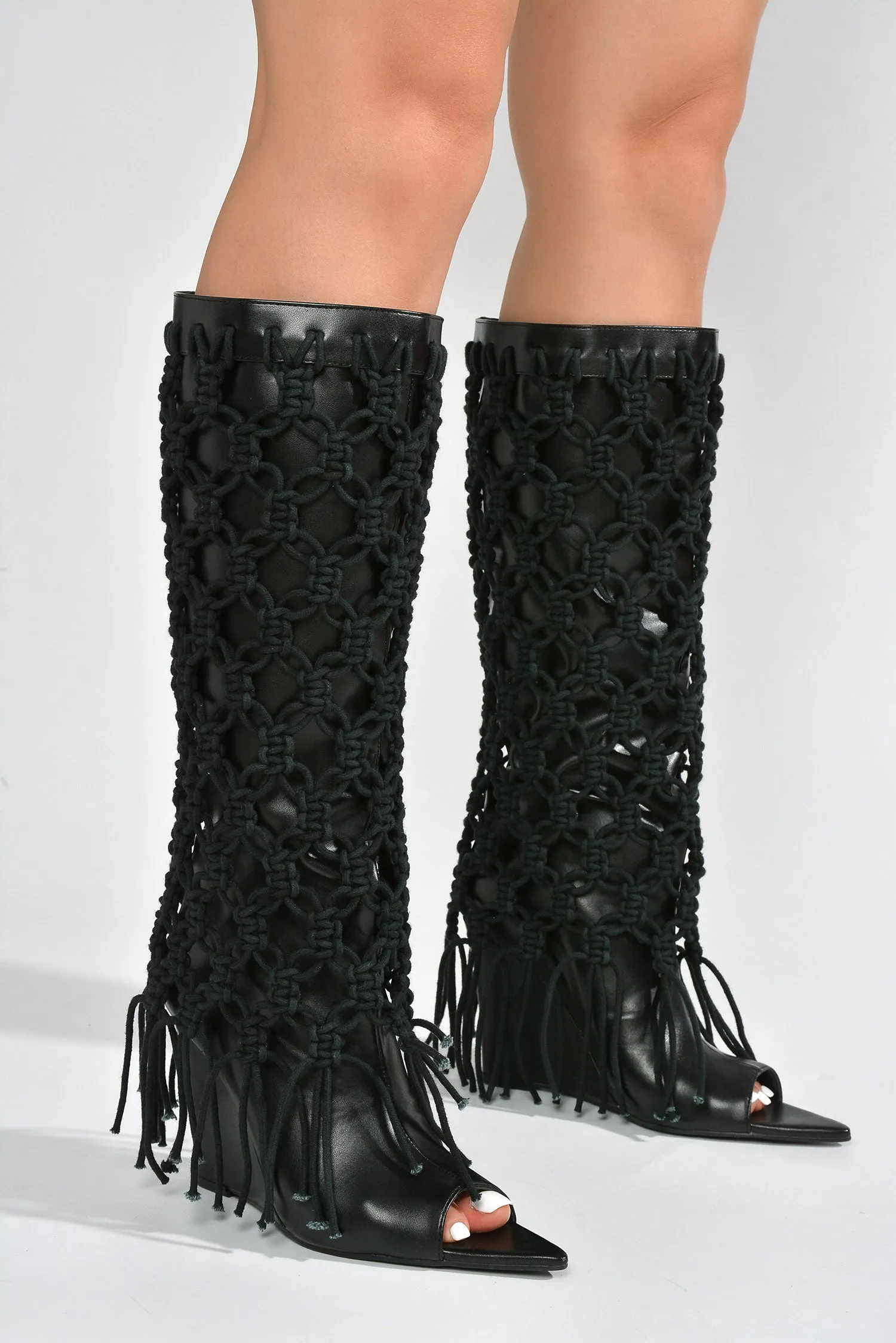 Monemi Fringe Open Toe Mid Calf-Length Boots - Black sold by Cape Robbin product image thumbnail 4