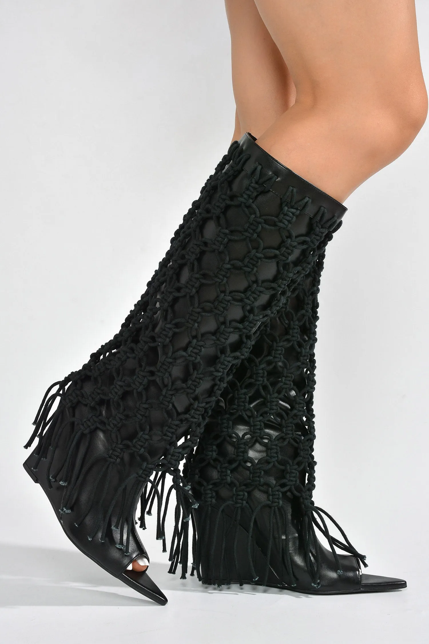 Monemi Fringe Open Toe Mid Calf-Length Boots - Black sold by Cape Robbin product image thumbnail 3