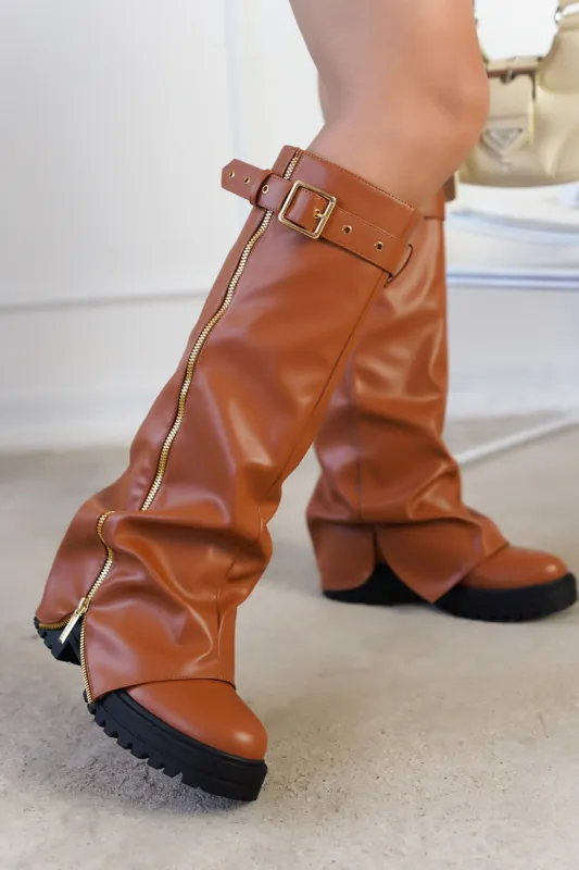 Funafuti Platform Fold-Over Knee High Boots - Tan sold by Cape Robbin