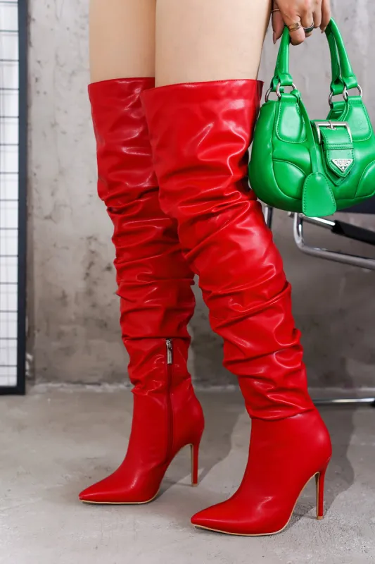 Leexa Pointy Toe Thigh-High Slouch Heel Boots - Red sold by Cape Robbin