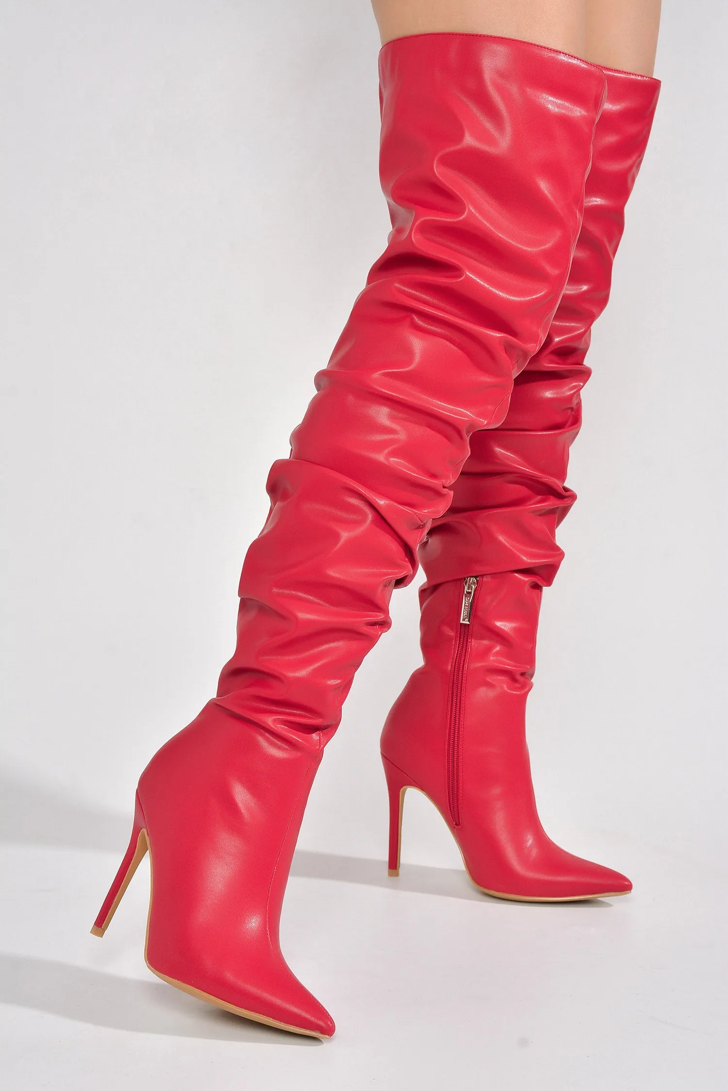 Leexa Pointy Toe Thigh-High Slouch Heel Boots - Red sold by Cape Robbin product image thumbnail 5