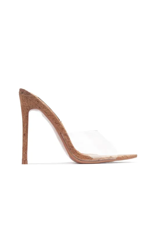 Melrose Clear Slip-On Stiletto Heels - Transparent Heeled Sandals - Cork sold by Cape Robbin