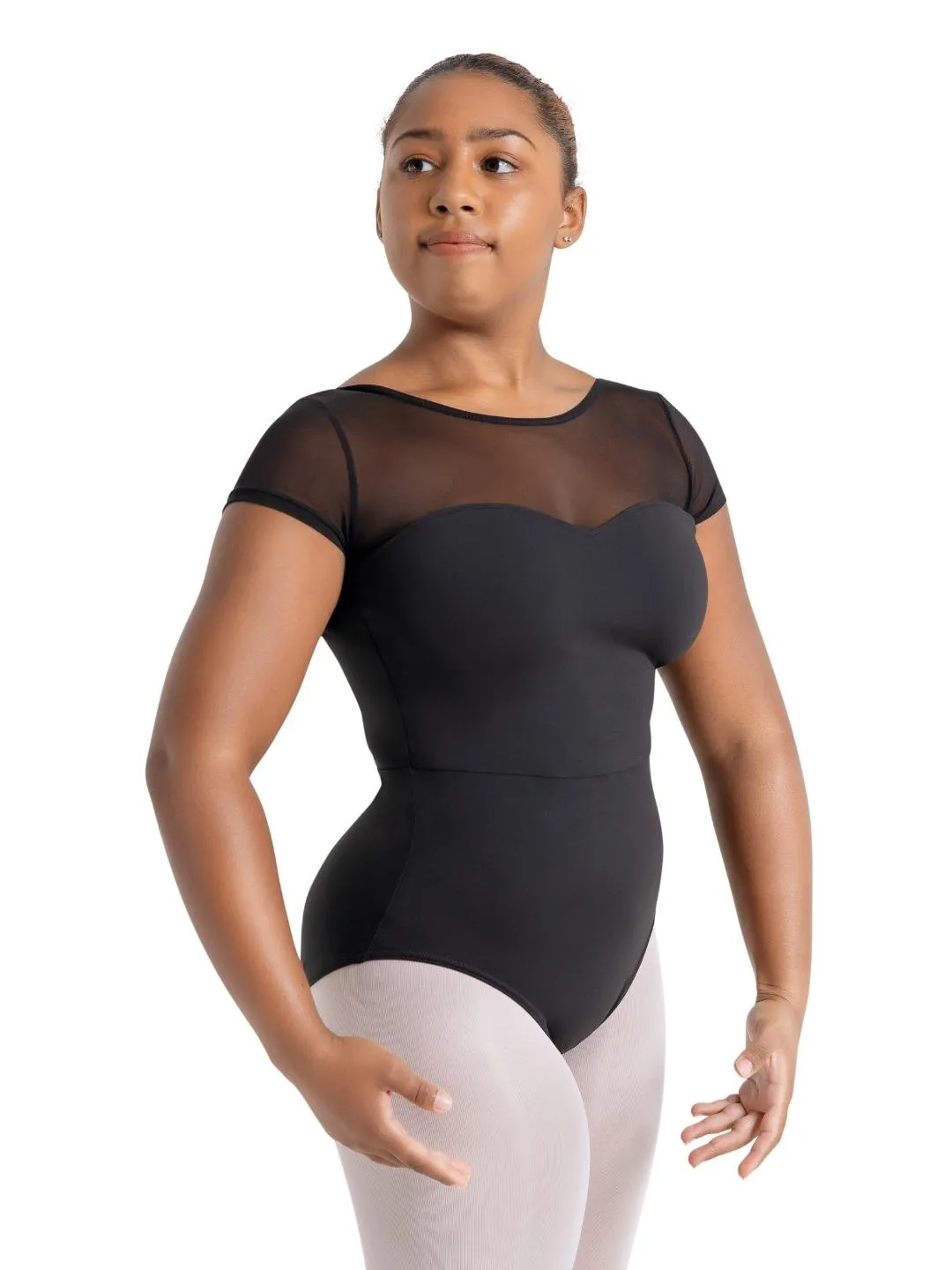 Meryl Mesh Yoke Short Sleeve Leotard sold by Capezio