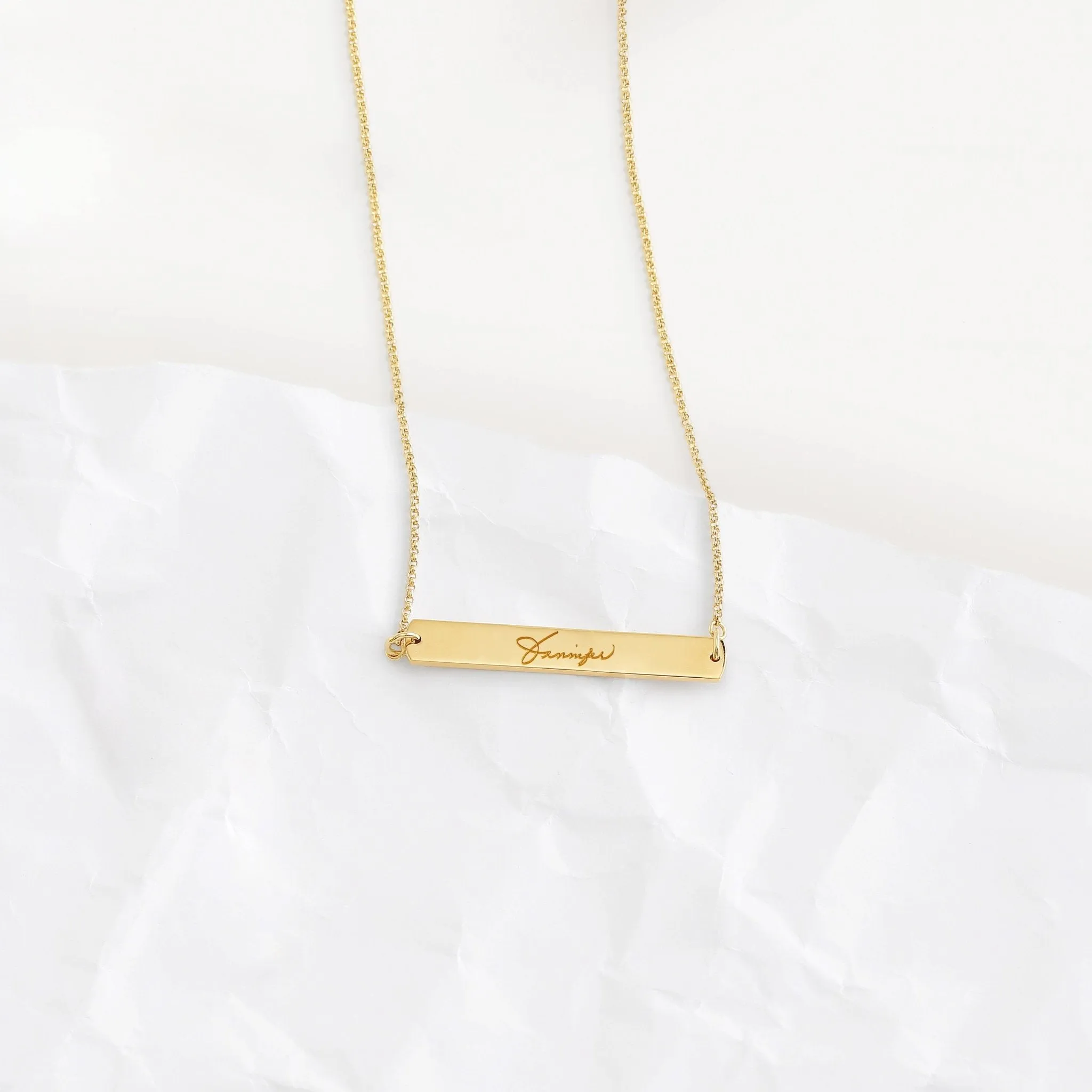 Custom Handwriting Horizontal Bar Necklace sold by Capsul Jewelry