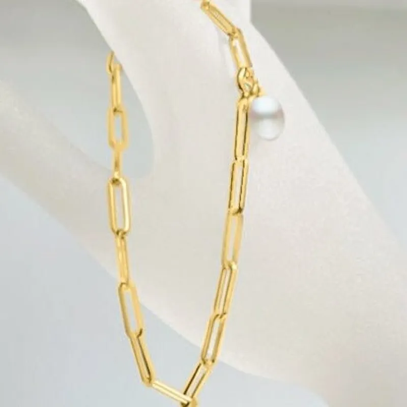 7mm Freshwater Pearl with Sterling Silver Paperclip Chain Bracelet sold by Capsul Jewelry