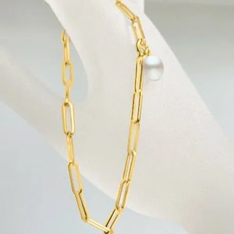 7mm Freshwater Pearl with Sterling Silver Paperclip Chain Bracelet sold by Capsul Jewelry