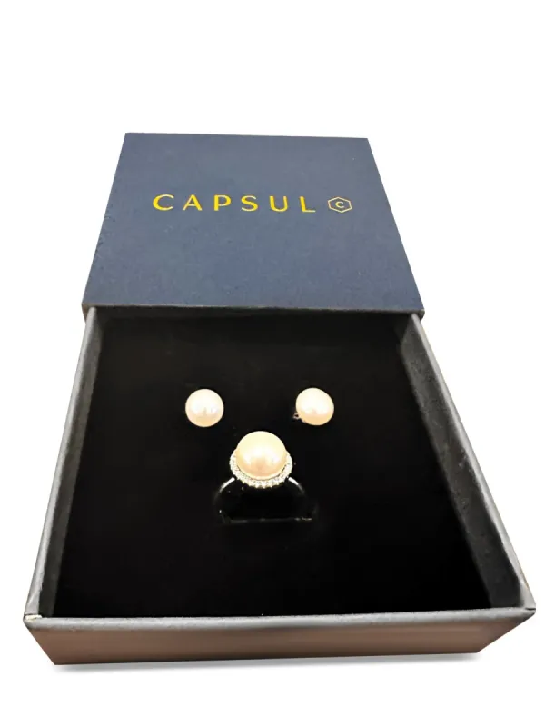 Classic Freshwater Pearl Ring and Earrings Gift Set made by Capsul Jewelry