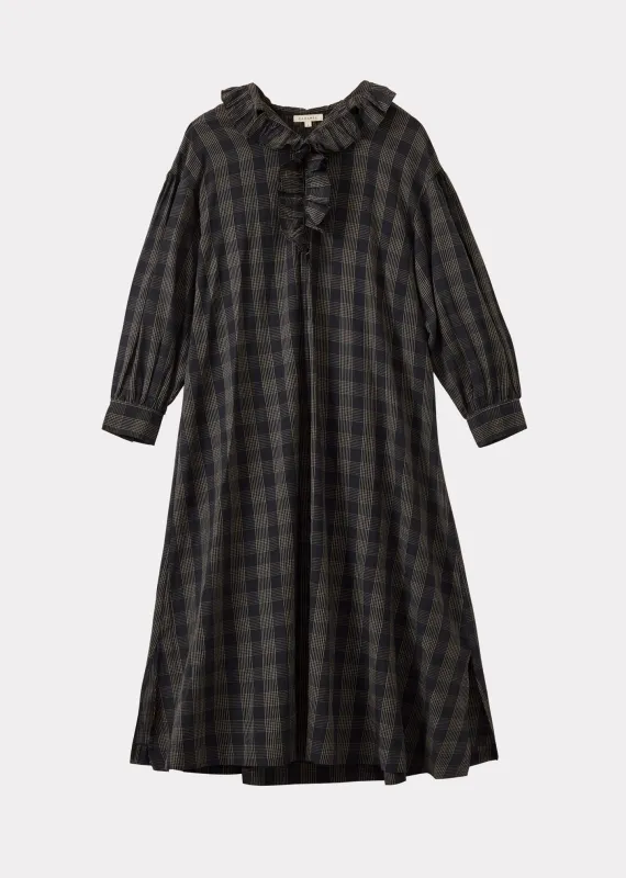 FRILL COLLAR WOMEN'S DRESS - BLACK / ECRU CHECK sold by Caramel