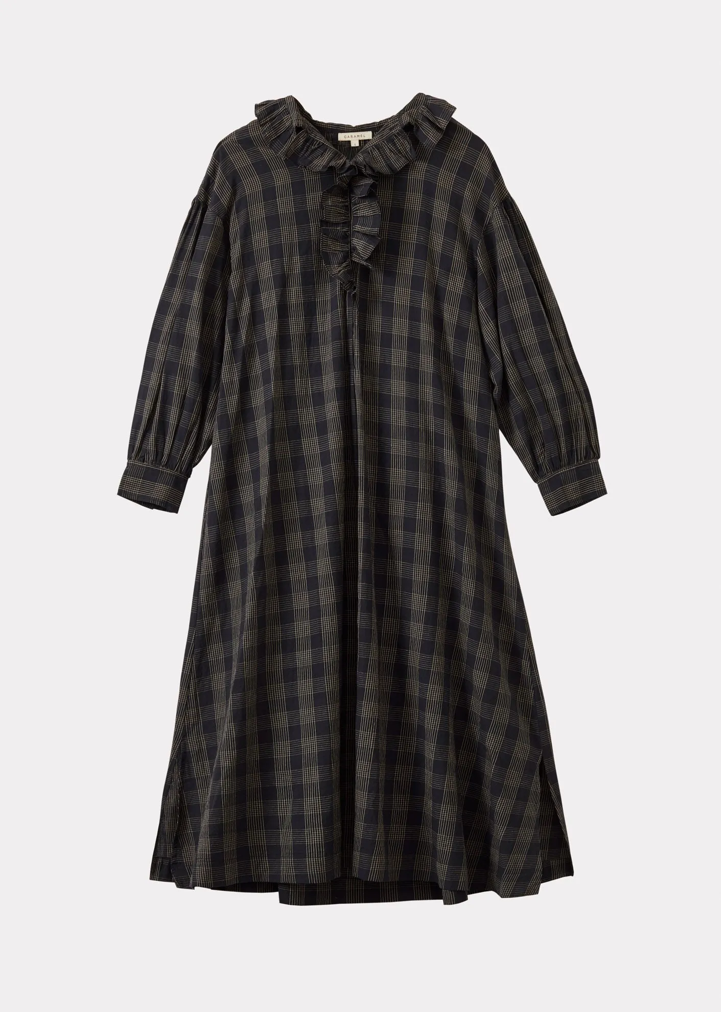 FRILL COLLAR WOMEN'S DRESS - BLACK / ECRU CHECK sold by Caramel