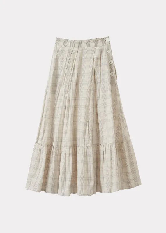 WOMEN'S PLEATED FRILL COTTON SKIRT - ECRU / GREY CHECK sold by Caramel